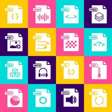 Set GIF file document, ZIP, PHP, XML, M3U, CSS and PNG icon. Vector 스톡 일러스트