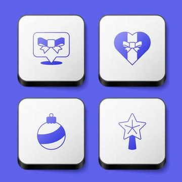 Set Gift bow, box, Christmas ball and star icon. White square button. Vector Stock Illustration
