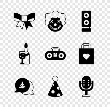 Set Gift bow, Clown head, Stereo speaker, Slice of pizza, Party hat, Microp.. Stock Illustration
