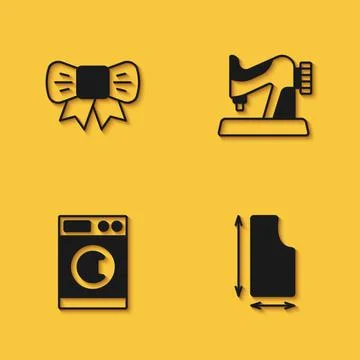 Set Gift bow, Sewing pattern, Washer and machine icon with long shadow. Vector Stock Illustration