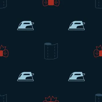 Set Gift bow, Textile fabric roll and Electric iron on seamless pattern. Vector Stockillustratie