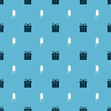 Set Gift box and Firework rocket on seamless pattern. Vector Illustrazione stock