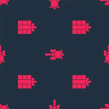 Set Gift box and Merry Christmas ringing bell on seamless pattern. Vector Stock Illustration