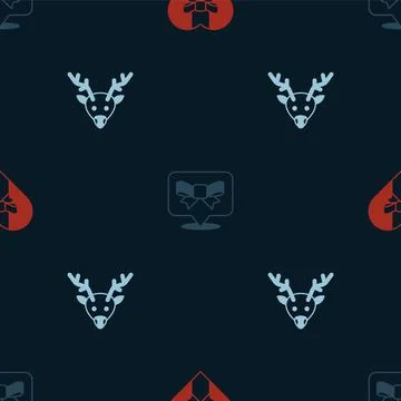 Set Gift box, bow and Reindeer on seamless pattern. Vector Ilustración de archivo