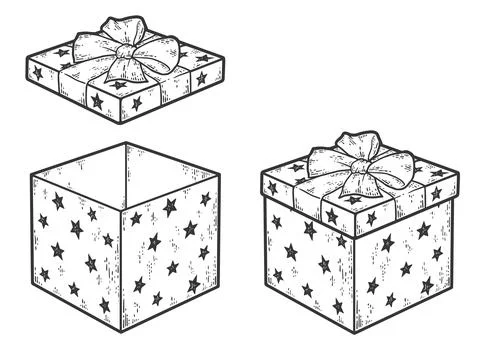 Set of gift box with bow. Closed and open lid. Sketch scratch board imitation Stock Illustration