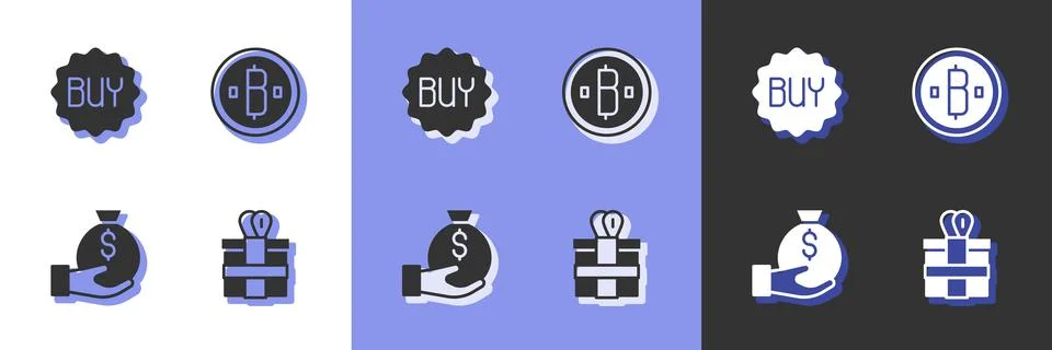 Set Gift box, Buy button, Money bag and Cryptocurrency coin Bitcoin icon. Vector Illustration