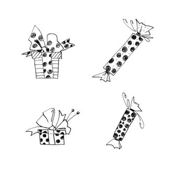 Set of gift box. Candy. Doodles, outline, hand drawn. For Christmas, new year Stock Illustration