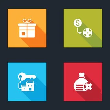 Set Gift box, Casino chips exchange, Winning house with key and Money bag icon 스톡 일러스트
