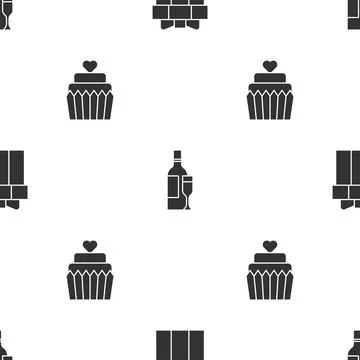 Set Gift box, Champagne bottle and Wedding cake with heart on seamless pattern Stock Illustration