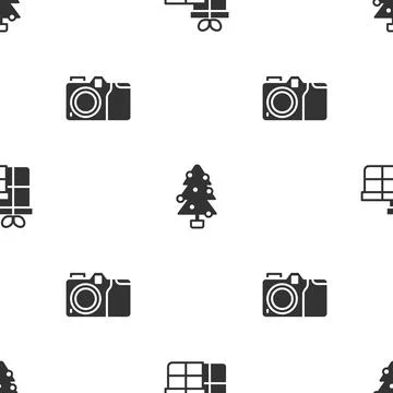Set Gift box, Christmas tree and Photo camera on seamless pattern. Vector Illustrazione stock