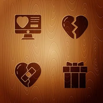Set Gift box, Dating app online, Healed broken heart and Broken on wooden Illustrazione stock