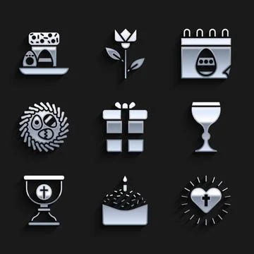 Set Gift box, Easter cake and candle, Christian cross heart, Wine glass, chalice Illustrazione stock
