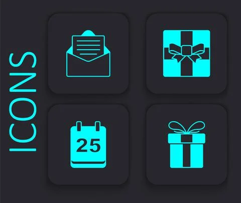 Set Gift box, Envelope, and Christmas day calendar icon. Black square button Stock Illustration