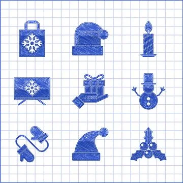 Set Gift box in hand Branch viburnum or guelder rose snowman Pair of knitted  Ilustração Stock