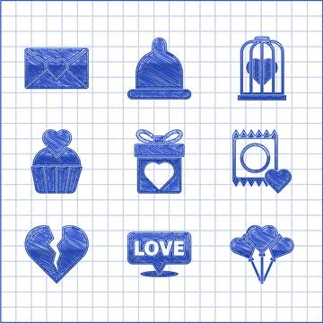 Set Gift box with heart, Speech bubble text love, Balloons in form of, Condom Stock Illustration