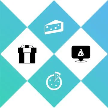 Set Gift box, Homemade pie, Piece of cake and Slice pizza icon. Vector 스톡 일러스트