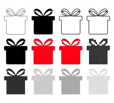 Set of gift box icons in various styles and designs including outlines silh.. Stock Illustration