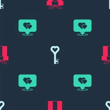 Set Gift box, Key in heart shape and Location with on seamless pattern. Vector Illustrazione stock
