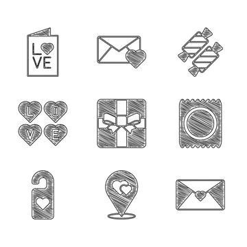 Set Gift box, Location with heart, Envelope Valentine, Condom package, Please Stock-Illustration