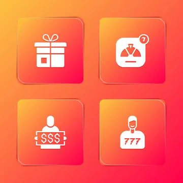 Set Gift box, Lucky wheel, Winner holding prize ticket and player icon. Vector 库存插图