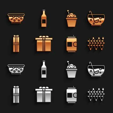 Set Gift box, Mixed punch in bowl, Christmas lights, Beer can, Cake,  and b.. 库存插图