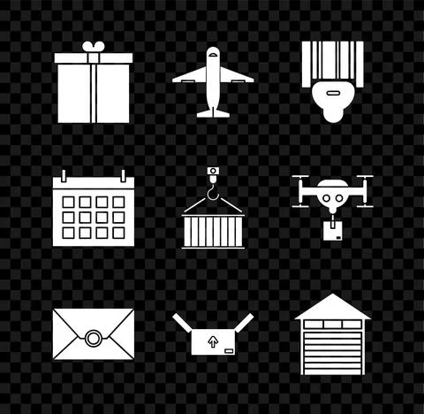 Set Gift box, Plane, Scanner scanning bar code, Envelope, Cardboard with traffic Stock-Illustration