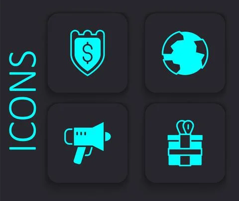 Set Gift box, Shield with dollar, Worldwide and Megaphone icon. Black square Stock Illustration
