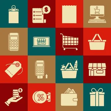 Set Gift box, Shopping building or market store, basket, Paper shopping bag, on Ilustración de archivo