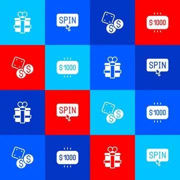 Set Gift box, Slot machine spin button, Game dice and Money prize casino icon Stock Illustration