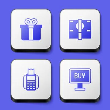 Set Gift box, Stacks paper money cash, POS terminal and Buy button icon. White イラスト素材