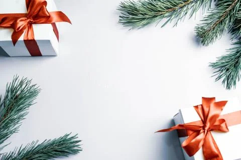 Set of gift box with tree branch , cristmas background 2020. Stock Photos