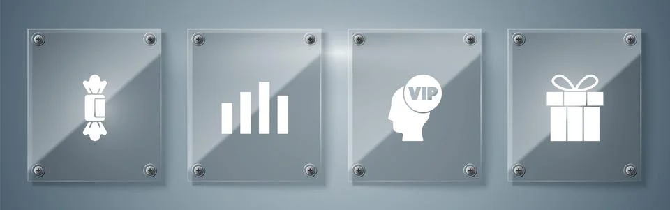 Set Gift box, Vip inside head, Music equalizer and Candy. Square glass panels Illustrazione stock