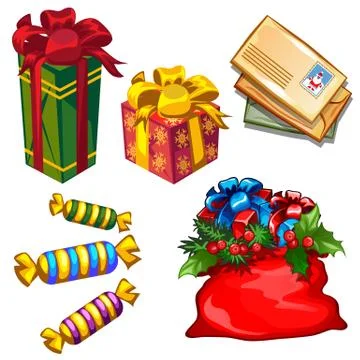 Set of gift boxes and bag with gifts, letters to Santa Claus, candy isolated on Illustrazione stock