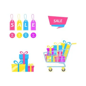 Set of gift boxes and discount items Illustrazione stock