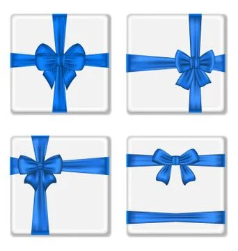 Set gift boxes with blue bows isolated on white background Illustrazione stock