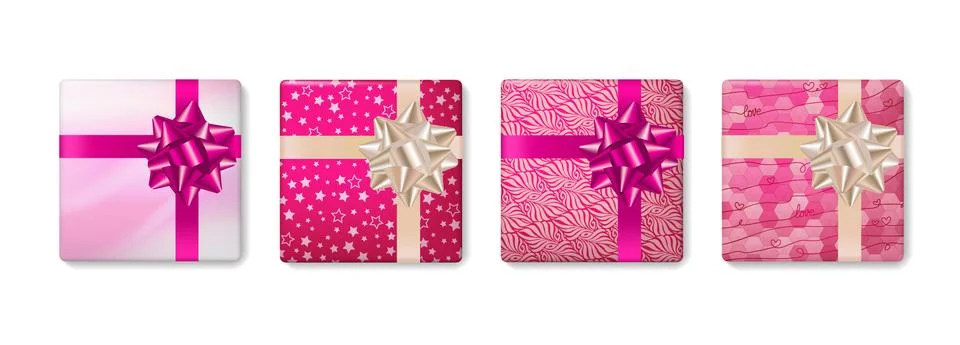 Set of gift boxes with bow for Valentines Day, birthday, anniversary, wedding Stock Illustration