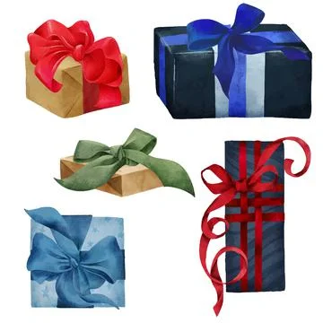 Set of gift boxes with bows, hand drawn vector Stock Illustration
