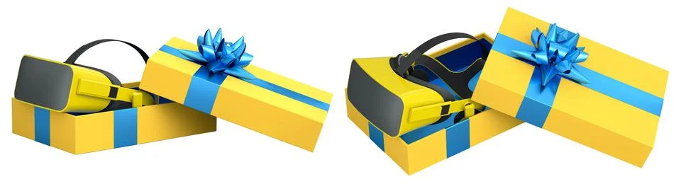 Set of gift boxes in bright colors with VR headsets inside, decorated with .. Stock Illustration