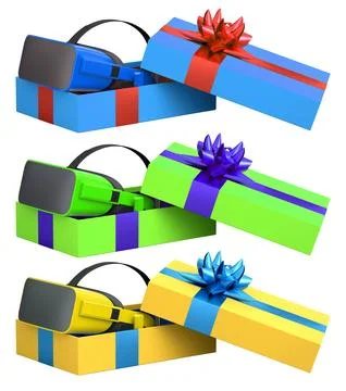 Set of gift boxes in bright colors with VR headsets inside, decorated with gl Stock Illustration
