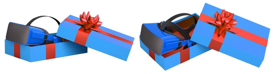 Set of gift boxes in bright colors with VR headsets inside, decorated with .. Stock Illustration