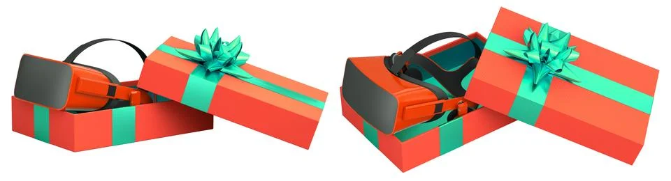 Set of gift boxes in bright colors with VR headsets inside, decorated with Stock Illustration