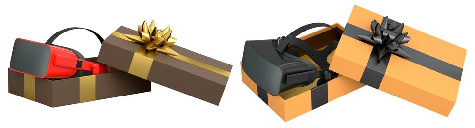 Set of gift boxes in bright colors with VR headsets inside, decorated with .. Stock Illustration