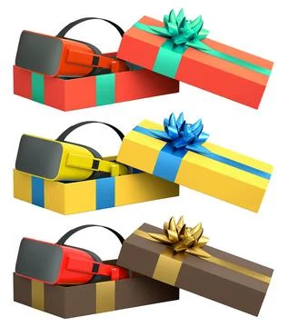 Set of gift boxes in bright colors with VR headsets inside, decorated with gl Stock Illustration