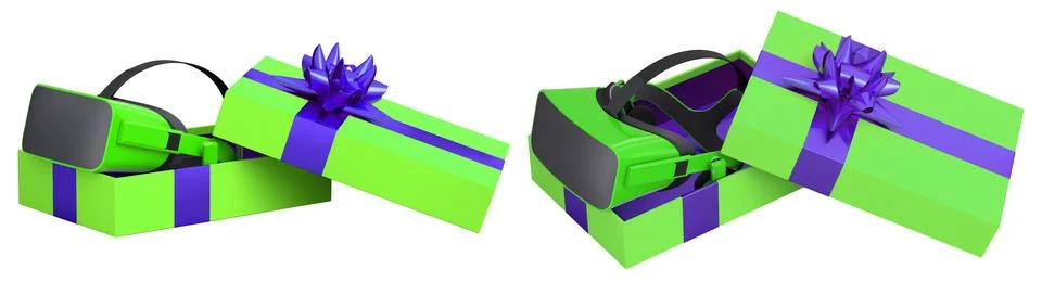 Set of gift boxes in bright colors with VR headsets inside, decorated with .. Stock Illustration