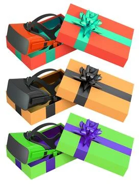 Set of gift boxes in bright colors with VR headsets inside, decorated with gl Stock Illustration