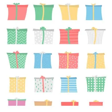 Set of gift boxes in different colors and patterns, asymmetric style Stock Illustration