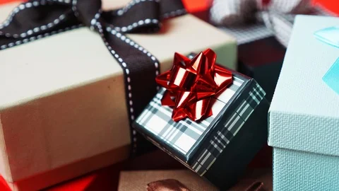 Set of gift boxes of different sizes and colors. Dolly Out Shot from Extreme Stock Footage 121593377