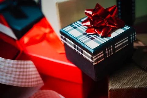 Set of gift boxes of different sizes and colors Stock Photos