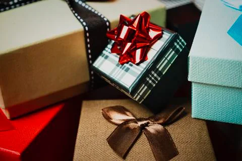 Set of gift boxes of different sizes and colors Stock Photos