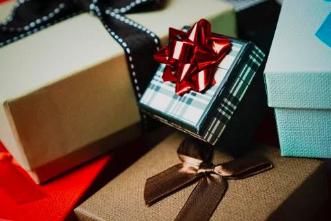 Set of gift boxes of different sizes and colors Stock Photos